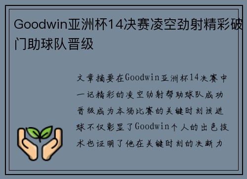 Goodwin亚洲杯14决赛凌空劲射精彩破门助球队晋级