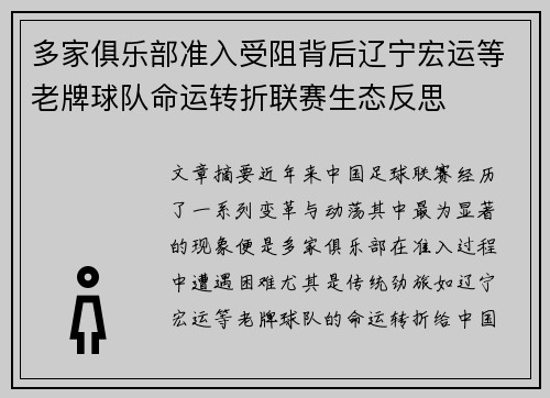 多家俱乐部准入受阻背后辽宁宏运等老牌球队命运转折联赛生态反思